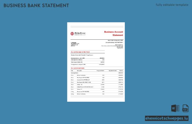 Beispielvorschau eines Kontoauszugs eines Firmengirokontos der Bank of China (Word und PDF)